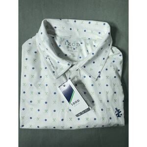 IZOD Golf Polo Shirt Men’s XXL White Blue Green Golf Print Performance Stretch